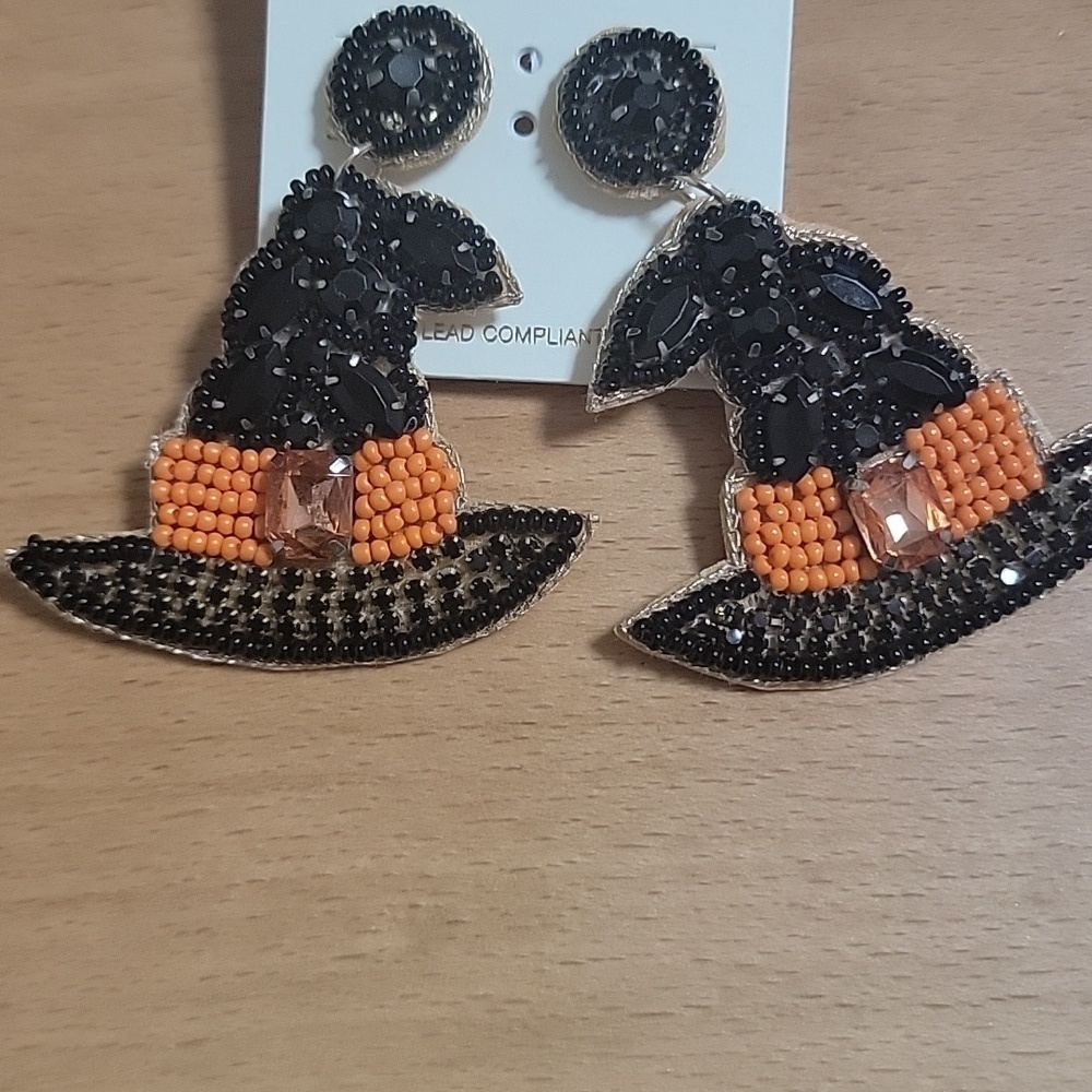 Beaded Witch Hat Earrings - Black and Orange